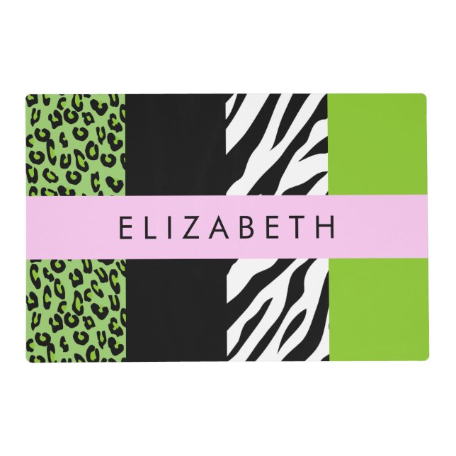 Leopard Print, Zebra Print, Green, Your Name Placemat (Front)