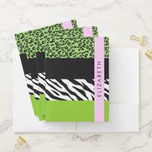 Leopard Print, Zebra Print, Green, Your Name Pocket Folder