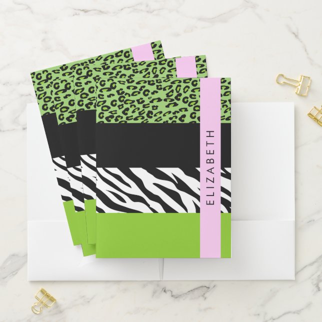 Leopard Print, Zebra Print, Green, Your Name Pocket Folder (In Situ)