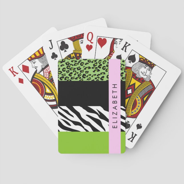 Leopard Print, Zebra Print, Green, Your Name Poker Cards (Back)