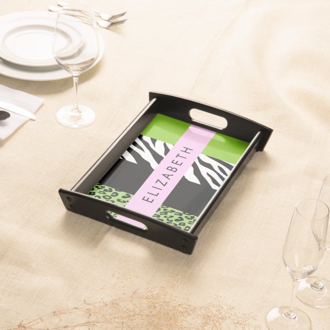 Leopard Print, Zebra Print, Green, Your Name Serving Tray (Front)