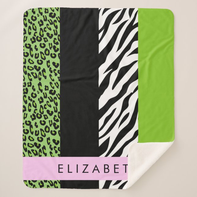 Leopard Print, Zebra Print, Green, Your Name Sherpa Blanket (Front)