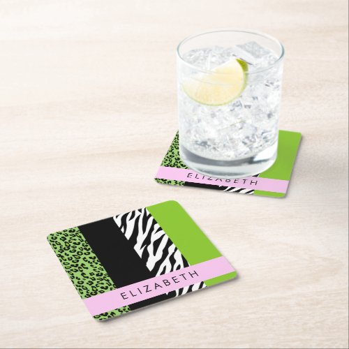 Leopard Print Zebra Print Green Your Name Square Paper Coaster