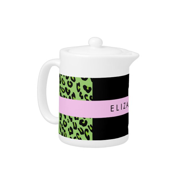 Leopard Print, Zebra Print, Green, Your Name Teapot (Left)