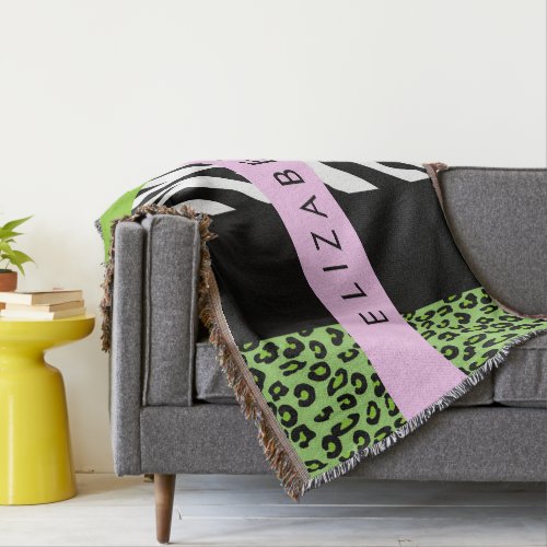 Leopard Print Zebra Print Green Your Name Throw Blanket