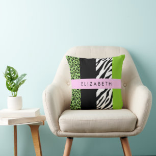 Leopard Print, Zebra Print, Green, Your Name Throw Pillow