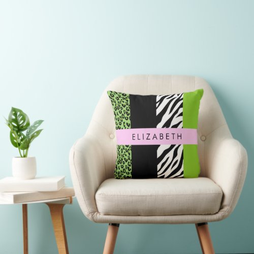 Leopard Print Zebra Print Green Your Name Throw Pillow