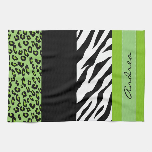 Leopard Print, Zebra Print, Green, Your Name Towel (Horizontal)