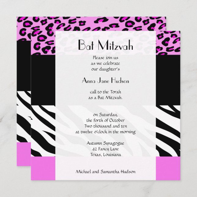 Leopard Print, Zebra Print, Pink, Bat Mitzvah Invitation (Front/Back)