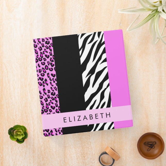 Leopard Print, Zebra Print, Pink, Your Name 3 Ring Binder (In Situ)