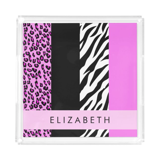 Leopard Print, Zebra Print, Pink, Your Name Acrylic Tray (Front)