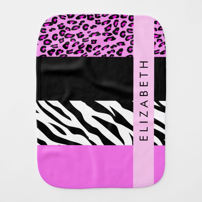 Leopard Print, Zebra Print, Pink, Your Name Baby Burp Cloth (Front)