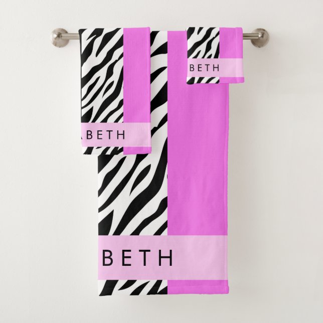 Leopard Print, Zebra Print, Pink, Your Name Bath Towel Set (Insitu)