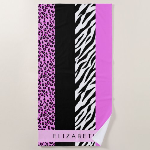Leopard Print Zebra Print Pink Your Name Beach Towel