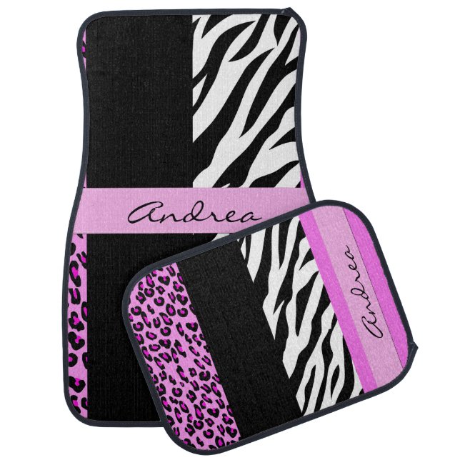Leopard Print, Zebra Print, Pink, Your Name Car Mat (Set)