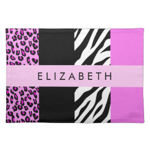 Leopard Print, Zebra Print, Pink, Your Name Cloth Placemat