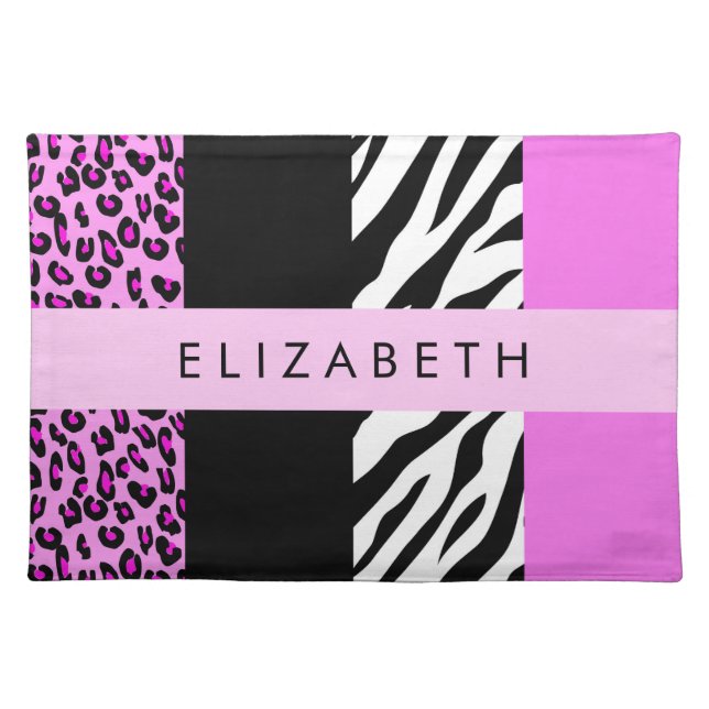 Leopard Print, Zebra Print, Pink, Your Name Cloth Placemat (Front)