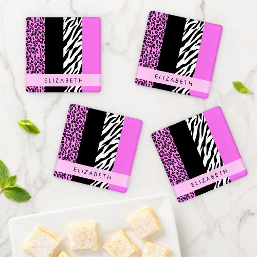 Leopard Print Zebra Print Pink Your Name Coaster Set