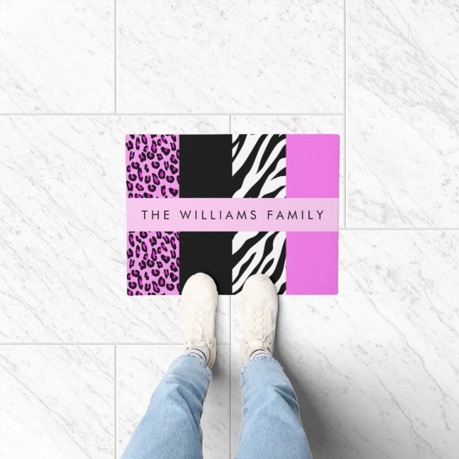 Leopard Print, Zebra Print, Pink, Your Name Doormat (Indoor)