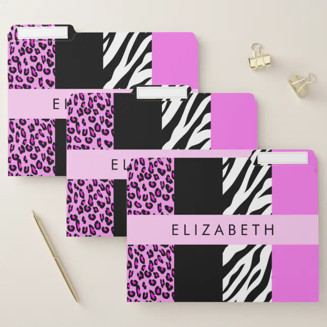 Leopard Print, Zebra Print, Pink, Your Name File Folder | Zazzle