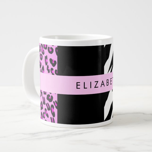 Leopard Print, Zebra Print, Pink, Your Name Giant Coffee Mug (Front Left)