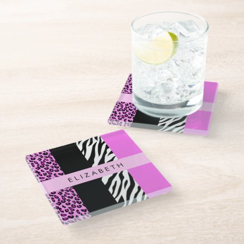 Leopard Print Zebra Print Pink Your Name Glass Coaster