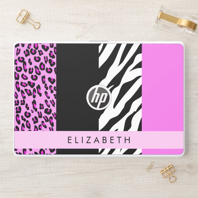 Leopard Print, Zebra Print, Pink, Your Name HP Laptop Skin (Desk)