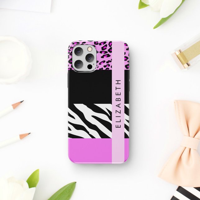 Leopard Print, Zebra Print, Pink, Your Name iPhone Case (Creator Uploaded)