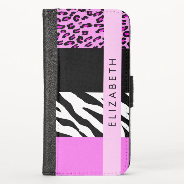 Leopard Print, Zebra Print, Pink, Your Name iPhone Wallet Case (Front)
