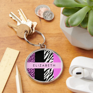 Leopard Print, Zebra Print, Pink, Your Name Keychain