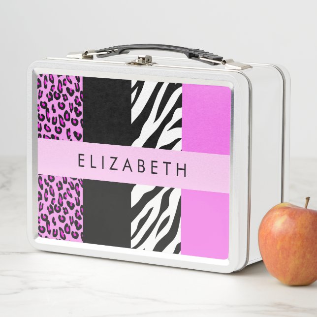 Leopard Print, Zebra Print, Pink, Your Name Metal Lunch Box (In Situ)