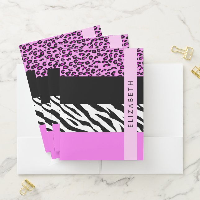 Leopard Print, Zebra Print, Pink, Your Name Pocket Folder (In Situ)