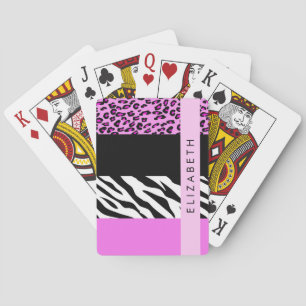 Leopard Print, Zebra Print, Pink, Your Name Poker Cards