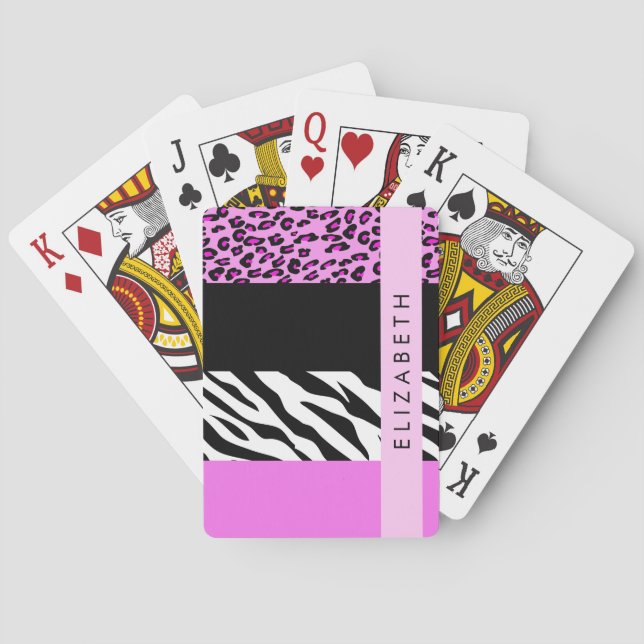 Leopard Print, Zebra Print, Pink, Your Name Poker Cards (Back)