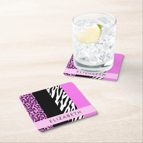 Leopard Print Zebra Print Pink Your Name Square Paper Coaster