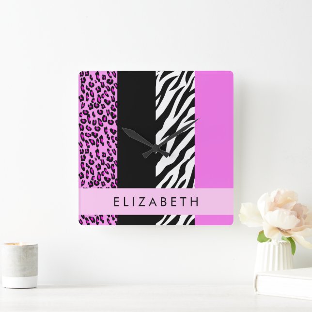 Leopard Print, Zebra Print, Pink, Your Name Square Wall Clock (Home)