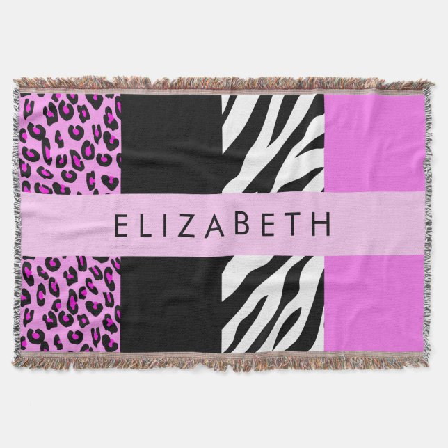 Leopard Print, Zebra Print, Pink, Your Name Throw Blanket (Front)