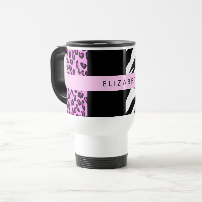 Leopard Print, Zebra Print, Pink, Your Name Travel Mug (Front Left)