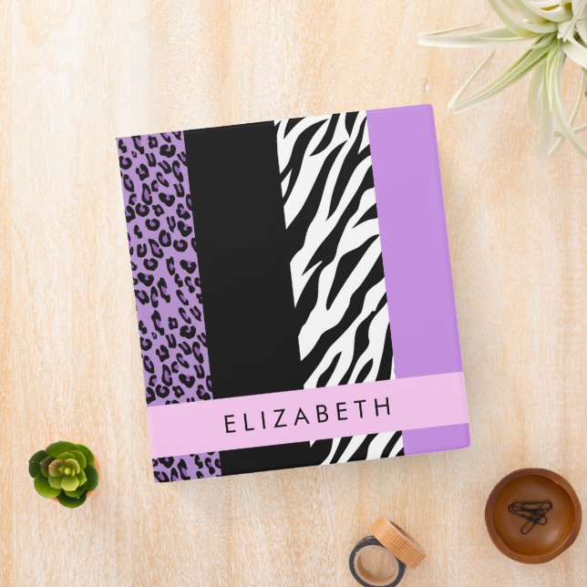 Leopard Print, Zebra Print, Purple, Your Name 3 Ring Binder (In Situ)
