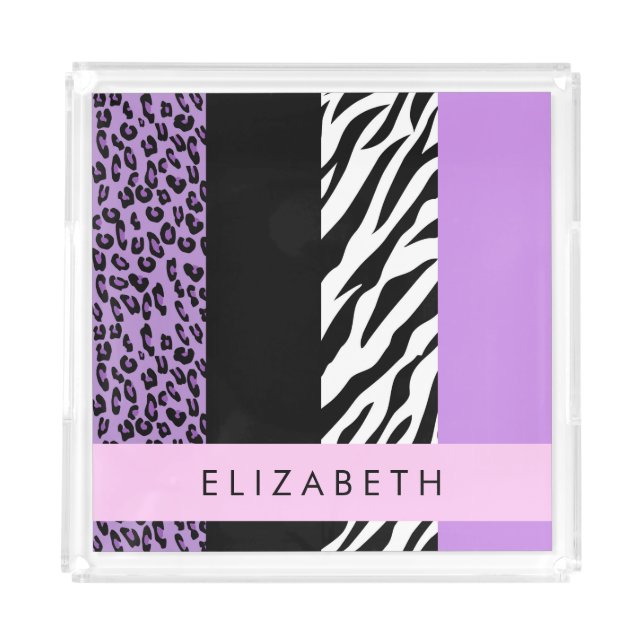 Leopard Print, Zebra Print, Purple, Your Name Acrylic Tray (Front)