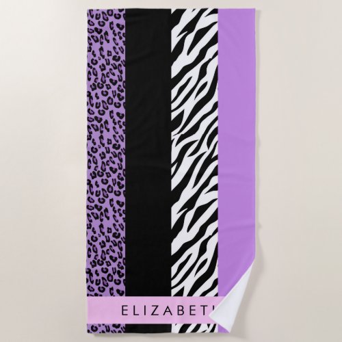 Leopard Print Zebra Print Purple Your Name Beach Towel