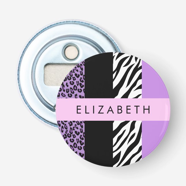 Leopard Print, Zebra Print, Purple, Your Name Bottle Opener (Front)