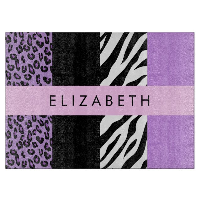 Leopard Print, Zebra Print, Purple, Your Name Cutting Board (Front)