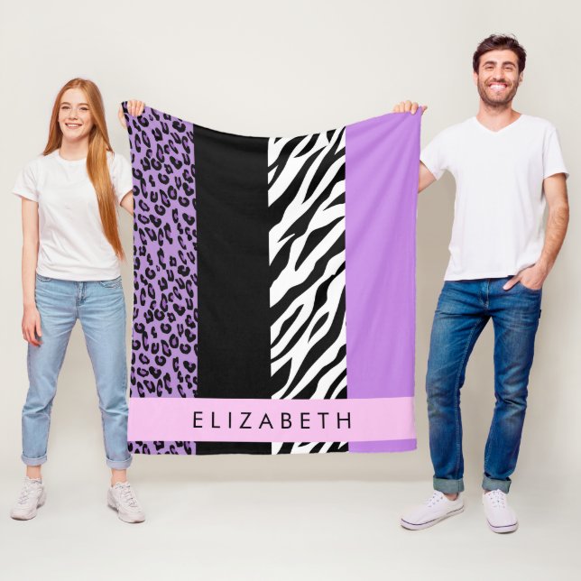 Leopard Print, Zebra Print, Purple, Your Name Fleece Blanket (In Situ)