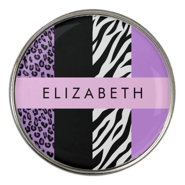 Leopard Print, Zebra Print, Purple, Your Name Golf Ball Marker (Front)