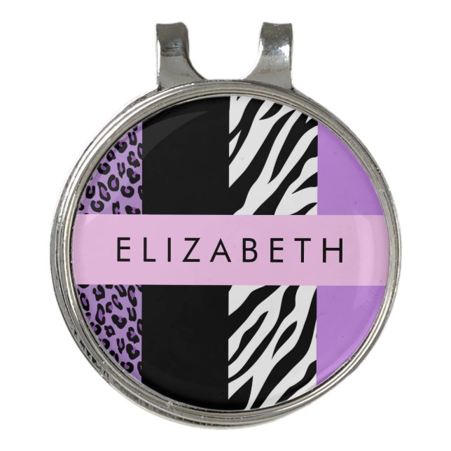 Leopard Print, Zebra Print, Purple, Your Name Golf Hat Clip (Front)
