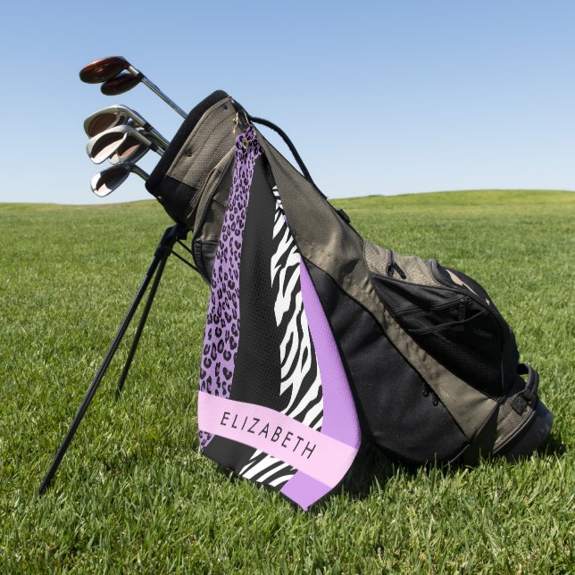 Leopard Print, Zebra Print, Purple, Your Name Golf Towel (Green)
