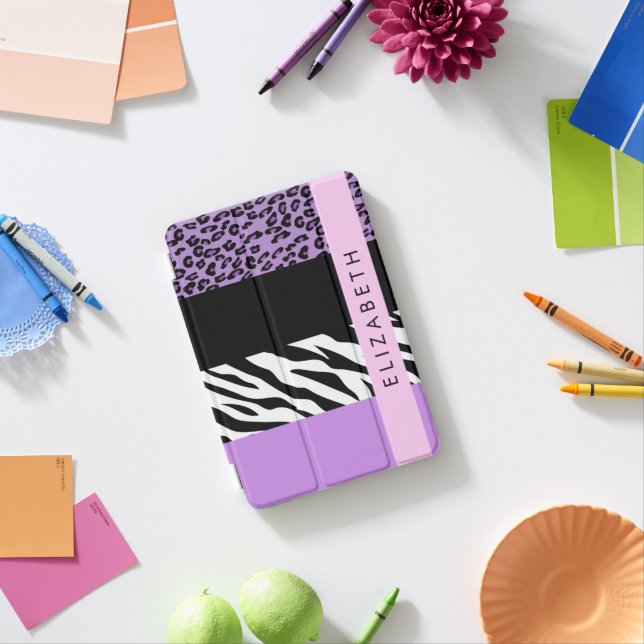 Leopard Print, Zebra Print, Purple, Your Name iPad Mini Cover (In Situ)