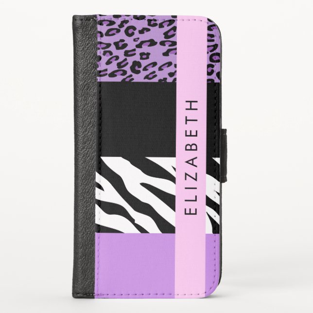 Leopard Print, Zebra Print, Purple, Your Name iPhone Wallet Case (Front)