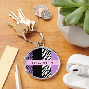 Leopard Print, Zebra Print, Purple, Your Name Keychain